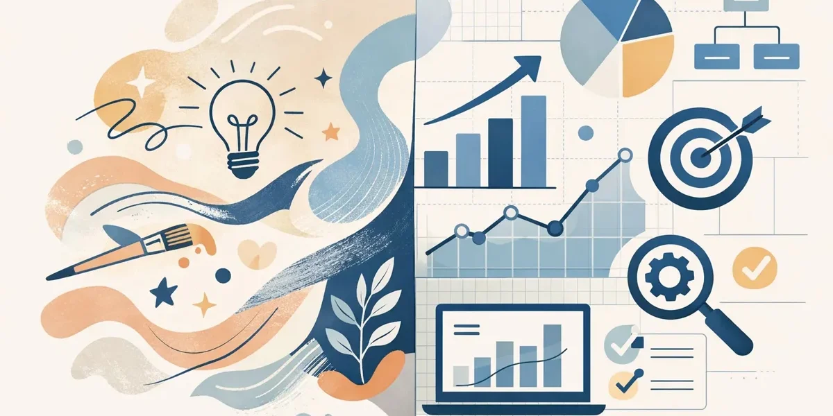 Infográfico representando o equilíbrio entre a intuição criativa e os dados técnicos no design estratégico.