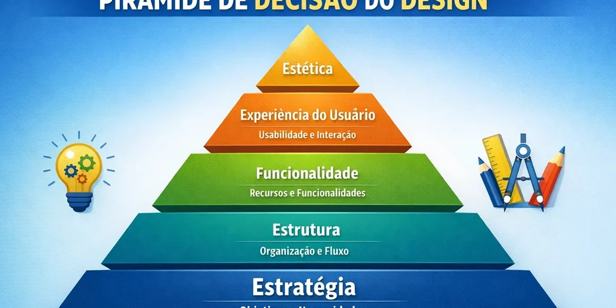 Infográfico representando a pirâmide de decisão do design, com a estratégia na base e a estética no topo.