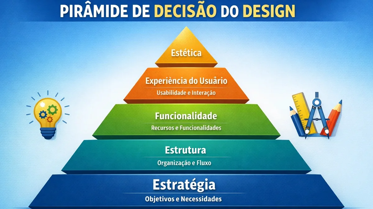 Infográfico representando a pirâmide de decisão do design, com a estratégia na base e a estética no topo.