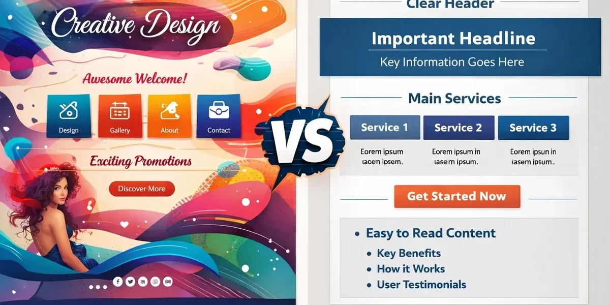 Comparação visual entre estética e funcionalidade no webdesign, destacando a importância da hierarquia e usabilidade.