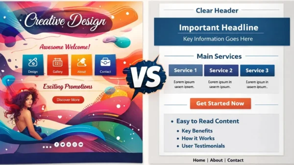 Comparação visual entre estética e funcionalidade no webdesign, destacando a importância da hierarquia e usabilidade.