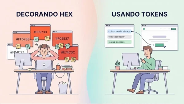 Diagrama ilustrando a hierarquia de Design Tokens, partindo de valores globais para tokens semânticos e de componentes.
