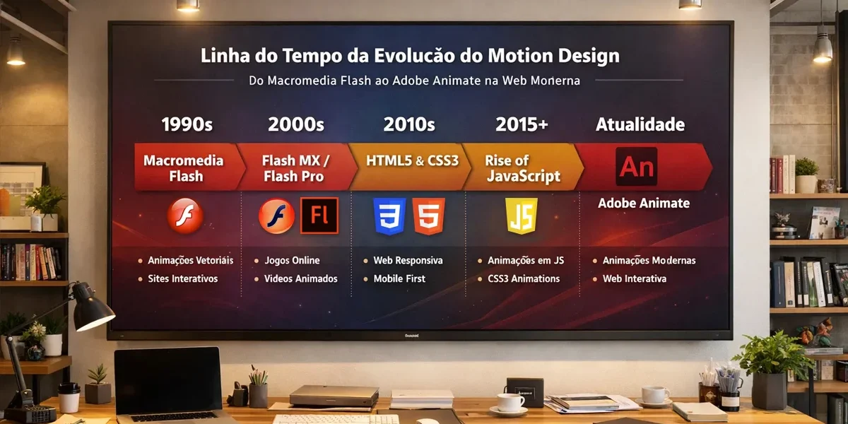 Linha do tempo da evolução do motion design, do Macromedia Flash ao Adobe Animate na web moderna