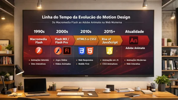 Linha do tempo da evolução do motion design, do Macromedia Flash ao Adobe Animate na web moderna