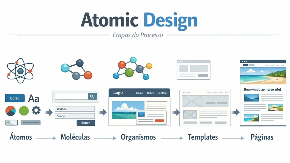 Diagrama ilustrativo das etapas do Atomic Design: átomos, moléculas, organismos, templates e páginas em sequência lógica.