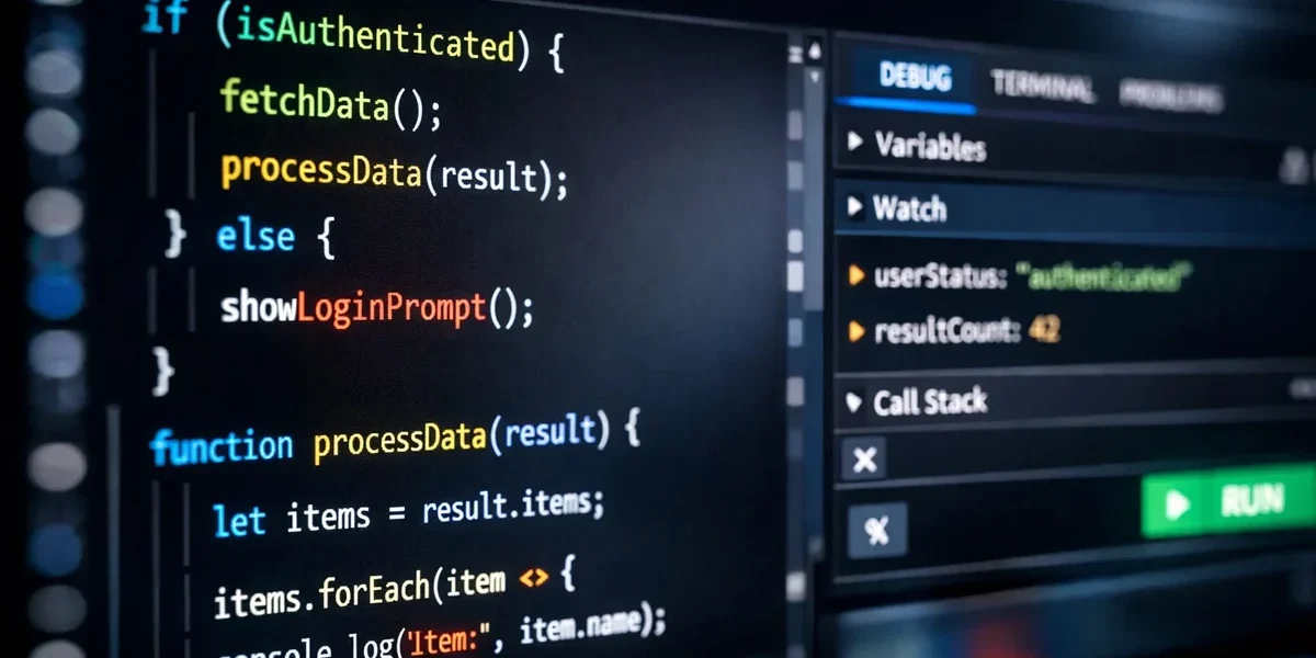 Um close-up de uma tela exibindo código estruturado e elementos de interface com alto contraste, simbolizando a acessibilidade técnica.
