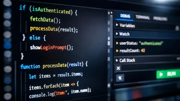 Um close-up de uma tela exibindo código estruturado e elementos de interface com alto contraste, simbolizando a acessibilidade técnica.