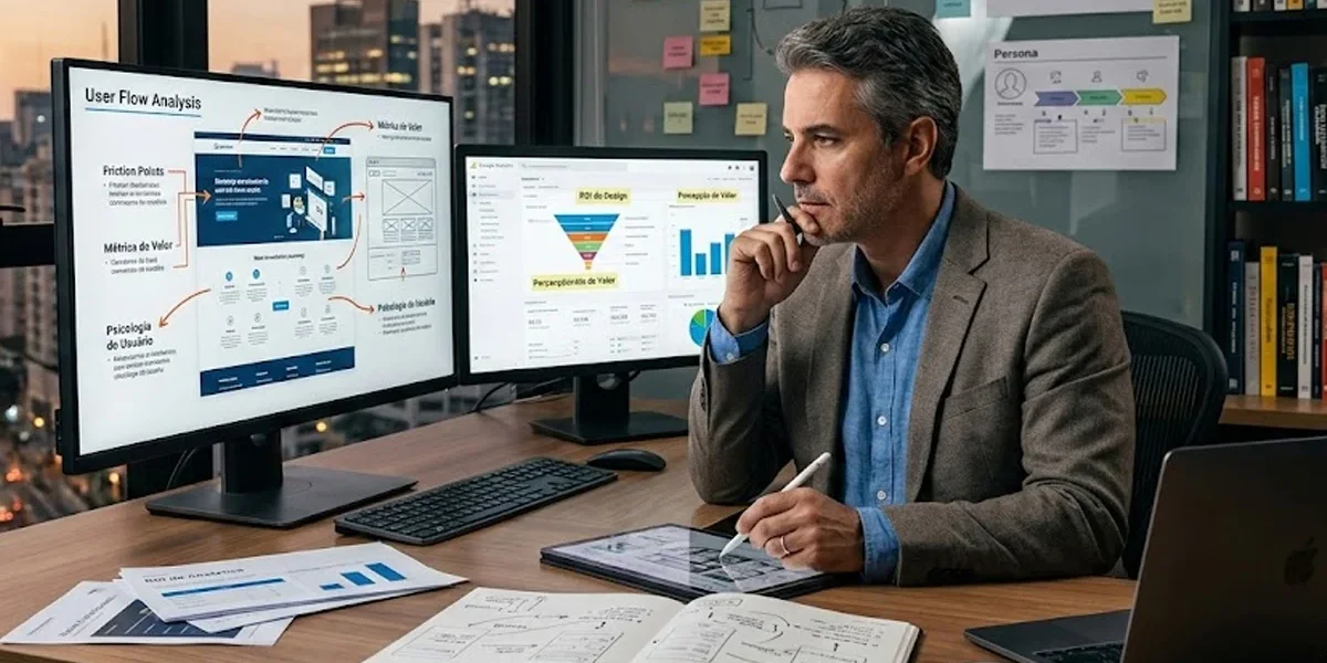 Especialista em design analisando fluxos estratégicos e métricas de experiência do usuário em uma interface digital clean.