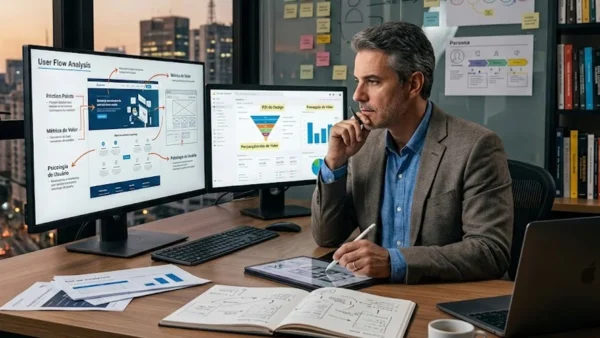 Especialista em design analisando fluxos estratégicos e métricas de experiência do usuário em uma interface digital clean.