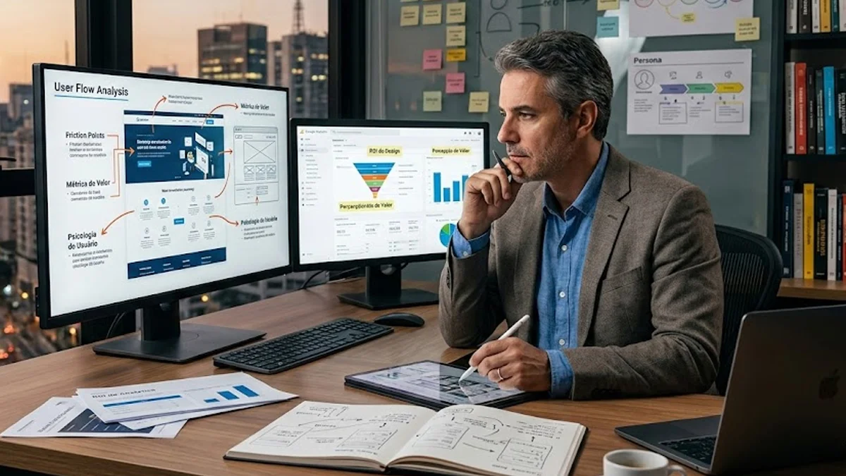 Especialista em design analisando fluxos estratégicos e métricas de experiência do usuário em uma interface digital clean.