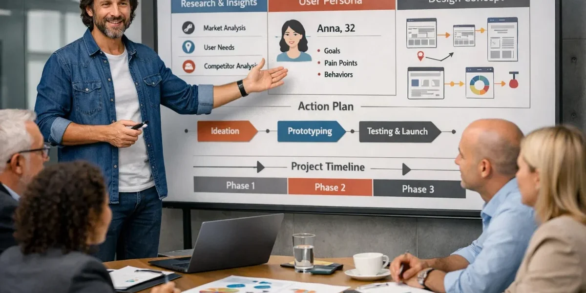 Um especialista em design apresentando fundamentos lógicos e estratégicos de um projeto para stakeholders em uma mesa.