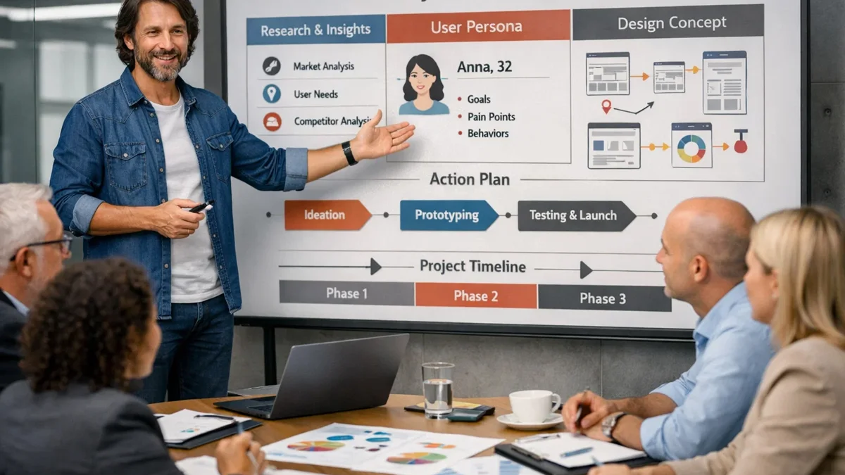 Um especialista em design apresentando fundamentos lógicos e estratégicos de um projeto para stakeholders em uma mesa.