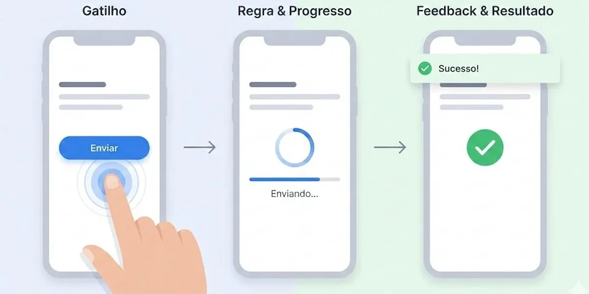 Ilustração conceitual mostrando diferentes estados de uma microinteração em interface mobile focada em feedback do usuário.