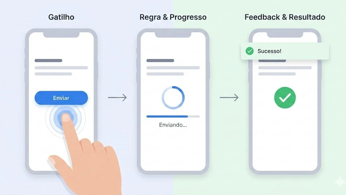Ilustração conceitual mostrando diferentes estados de uma microinteração em interface mobile focada em feedback do usuário.