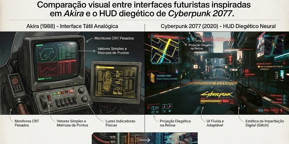 Comparação visual entre interfaces futuristas inspiradas em Akira e o HUD diegético de Cyberpunk 2077.