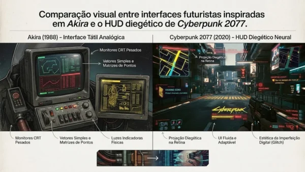 Comparação visual entre interfaces futuristas inspiradas em Akira e o HUD diegético de Cyberpunk 2077.