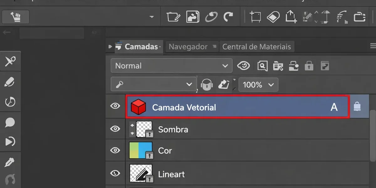 Interface do software Clip Studio Paint exibindo o painel de camadas com o ícone cúbico distintivo de uma camada vetorial selecionada.