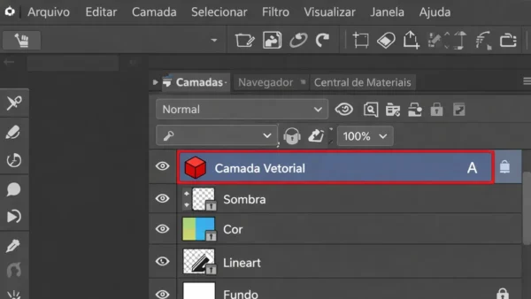 Interface do software Clip Studio Paint exibindo o painel de camadas com o ícone cúbico distintivo de uma camada vetorial selecionada.