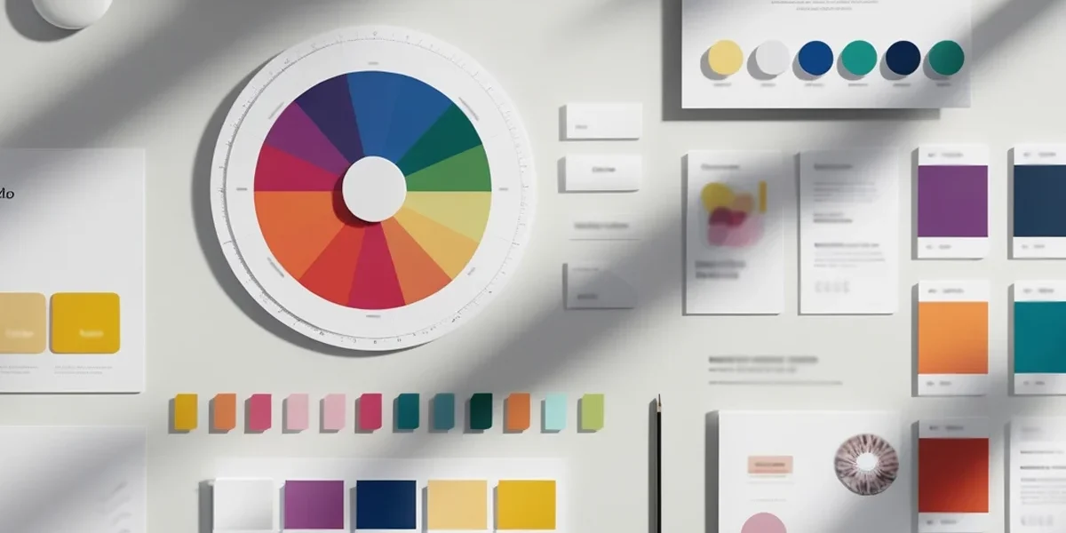 Representação visual de um círculo cromático e amostras de paletas de cores aplicadas a interfaces digitais e branding.
