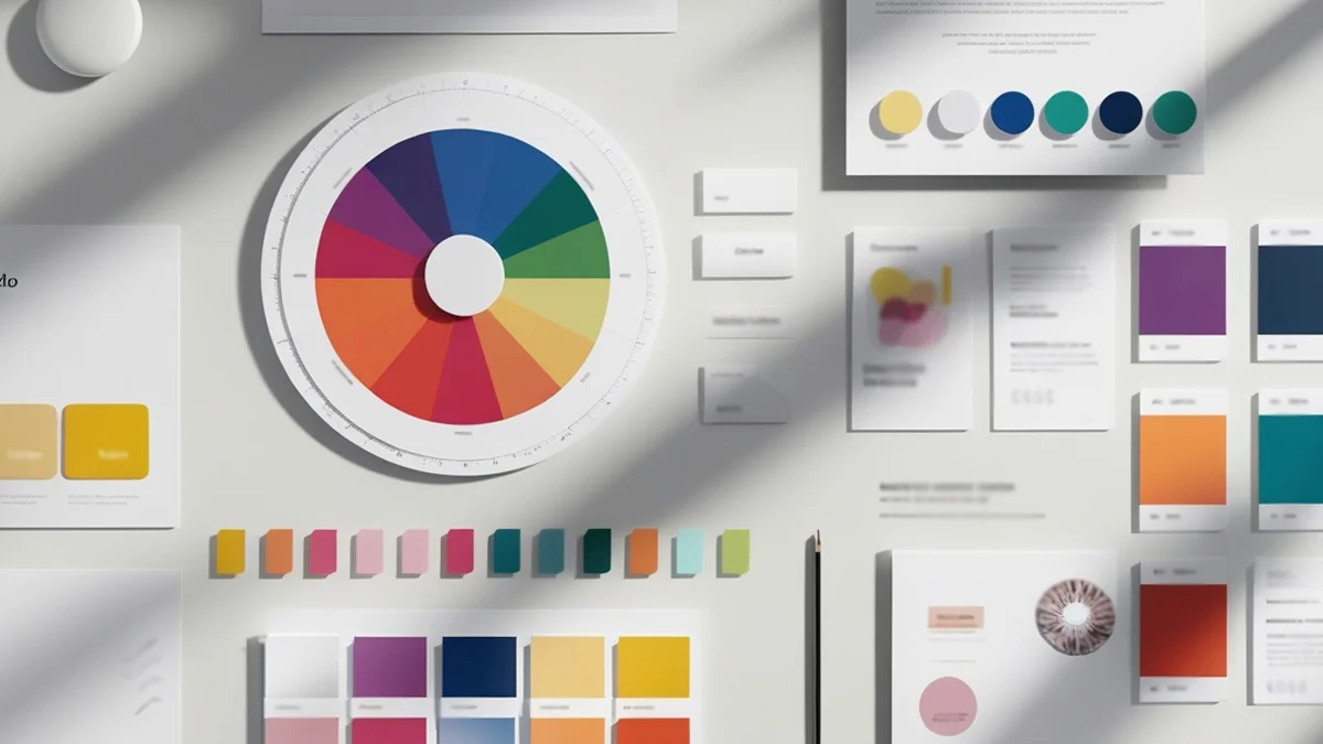 Representação visual de um círculo cromático e amostras de paletas de cores aplicadas a interfaces digitais e branding.