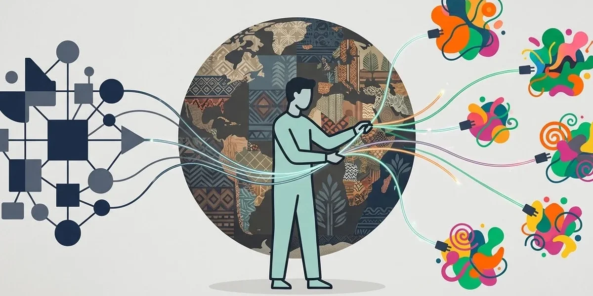 Ilustração minimalista de um profissional de design mediando a conexão entre uma estrutura global e elementos locais.