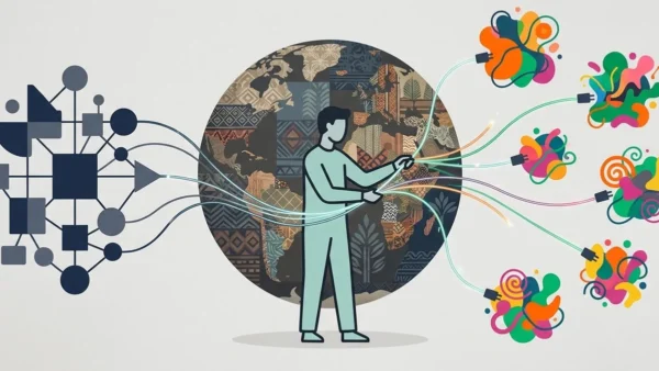 Ilustração minimalista de um profissional de design mediando a conexão entre uma estrutura global e elementos locais.