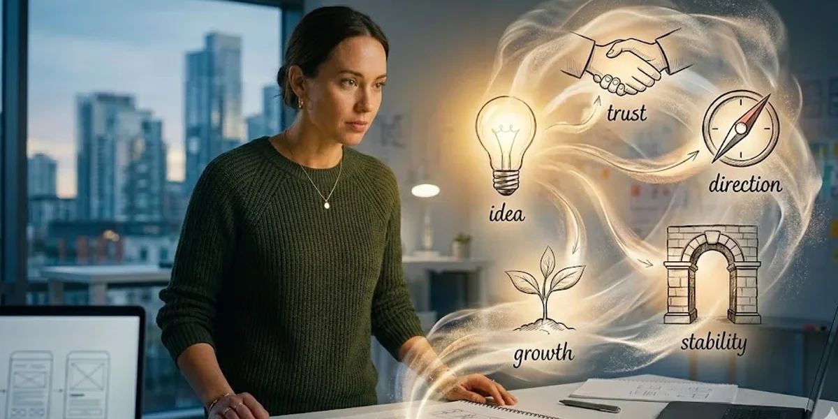 Designer olhando para uma nuvem de símbolos luminosos (lâmpada, aperto de mão, bússola) moldando conceitos de design visuais e emocionais.