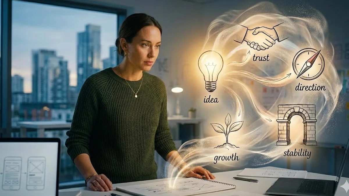 Designer olhando para uma nuvem de símbolos luminosos (lâmpada, aperto de mão, bússola) moldando conceitos de design visuais e emocionais.