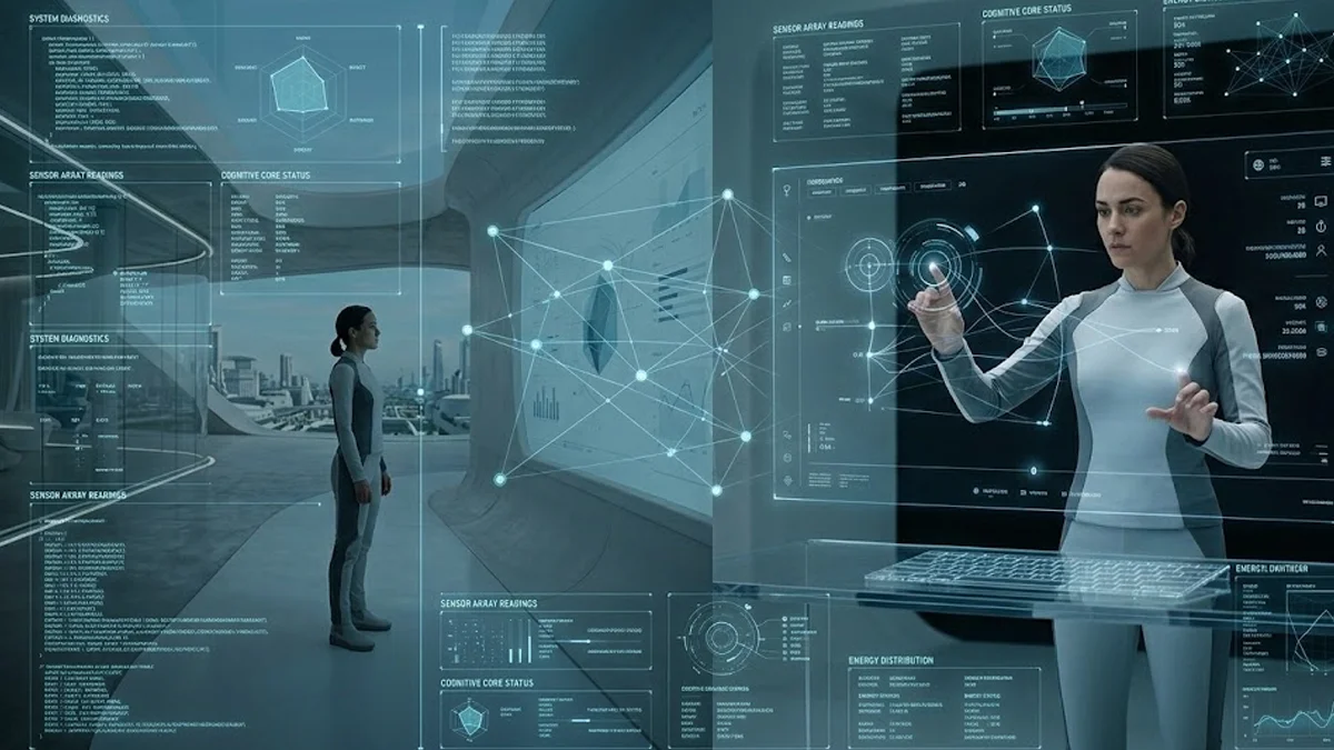 Análise visual comparativa de ambientes futuristas limpos e interfaces minimalistas no cinema de ficção científica.