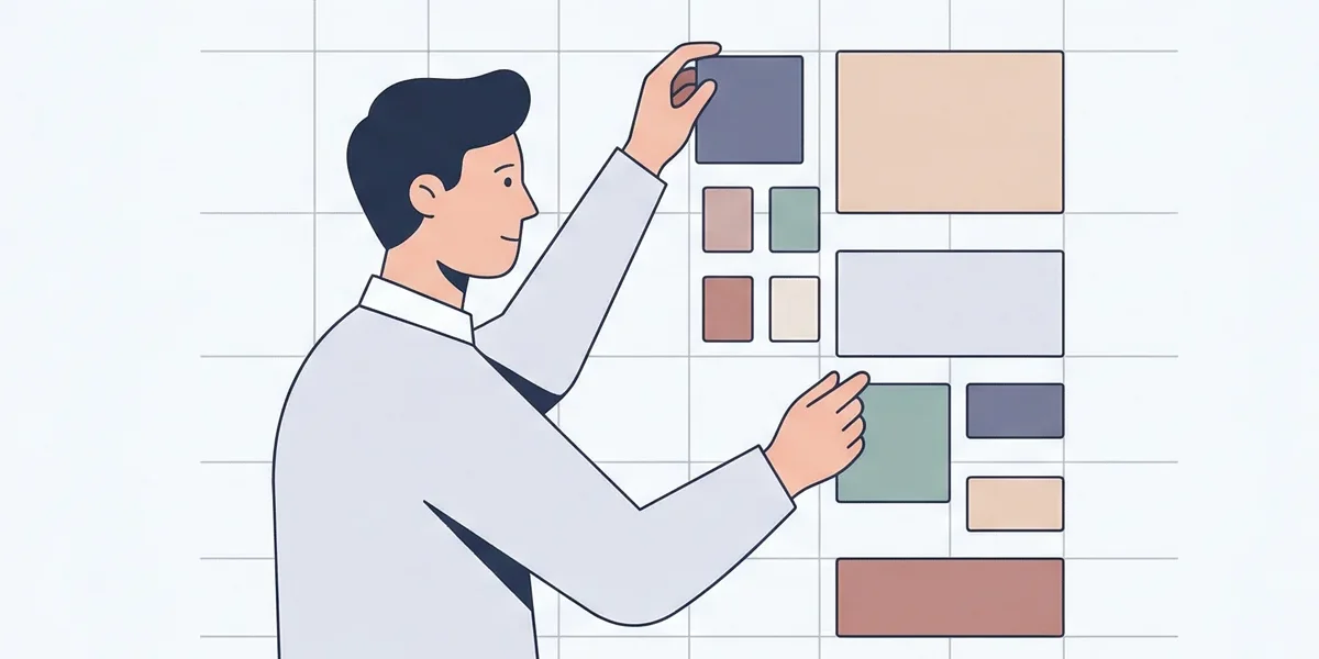 grid-8-pontos-layout-interface-digital Ilustração minimalista de um designer organizando elementos geométricos em um grid digital, representando precisão e ordem.
