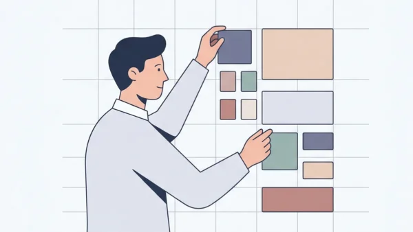 grid-8-pontos-layout-interface-digital Ilustração minimalista de um designer organizando elementos geométricos em um grid digital, representando precisão e ordem.