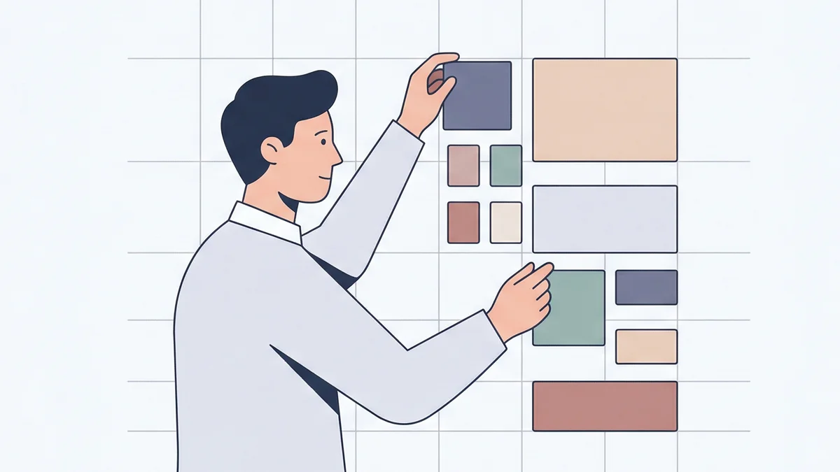 Ilustração minimalista de um designer organizando elementos geométricos em um grid digital, representando precisão e ordem.