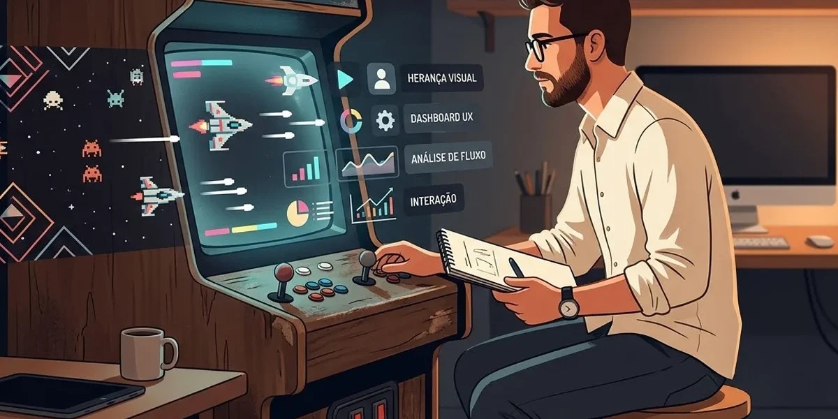 Ilustração de um designer observando a transição entre elementos de jogos clássicos e interfaces digitais modernas.