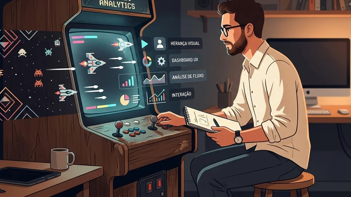 Ilustração de um designer observando a transição entre elementos de jogos clássicos e interfaces digitais modernas.