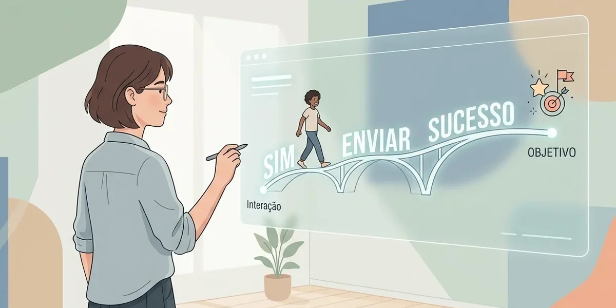 importancia-micro-copy-design-conversao Ilustração minimalista mostrando a conexão entre o texto de uma interface e a jornada de sucesso do usuário.