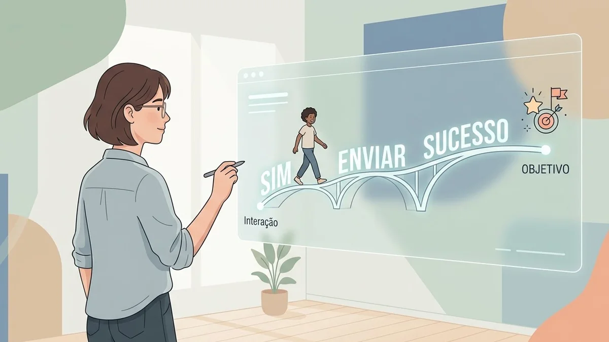 Ilustração minimalista mostrando a conexão entre o texto de uma interface e a jornada de sucesso do usuário.