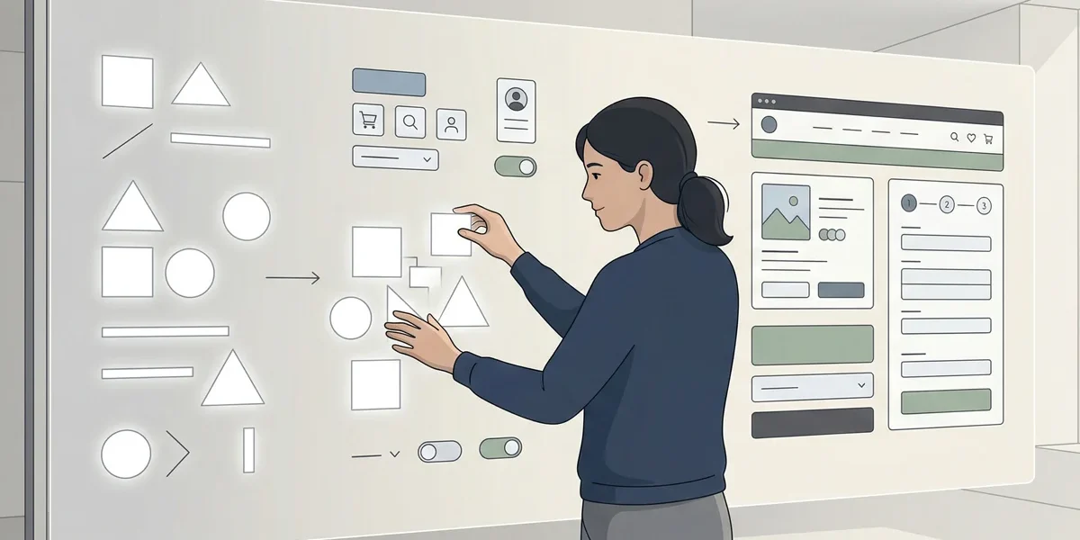 metodologia-atomic-design-identidade-visual Ilustração minimalista mostrando a transição de elementos geométricos simples para componentes de interface complexos.
