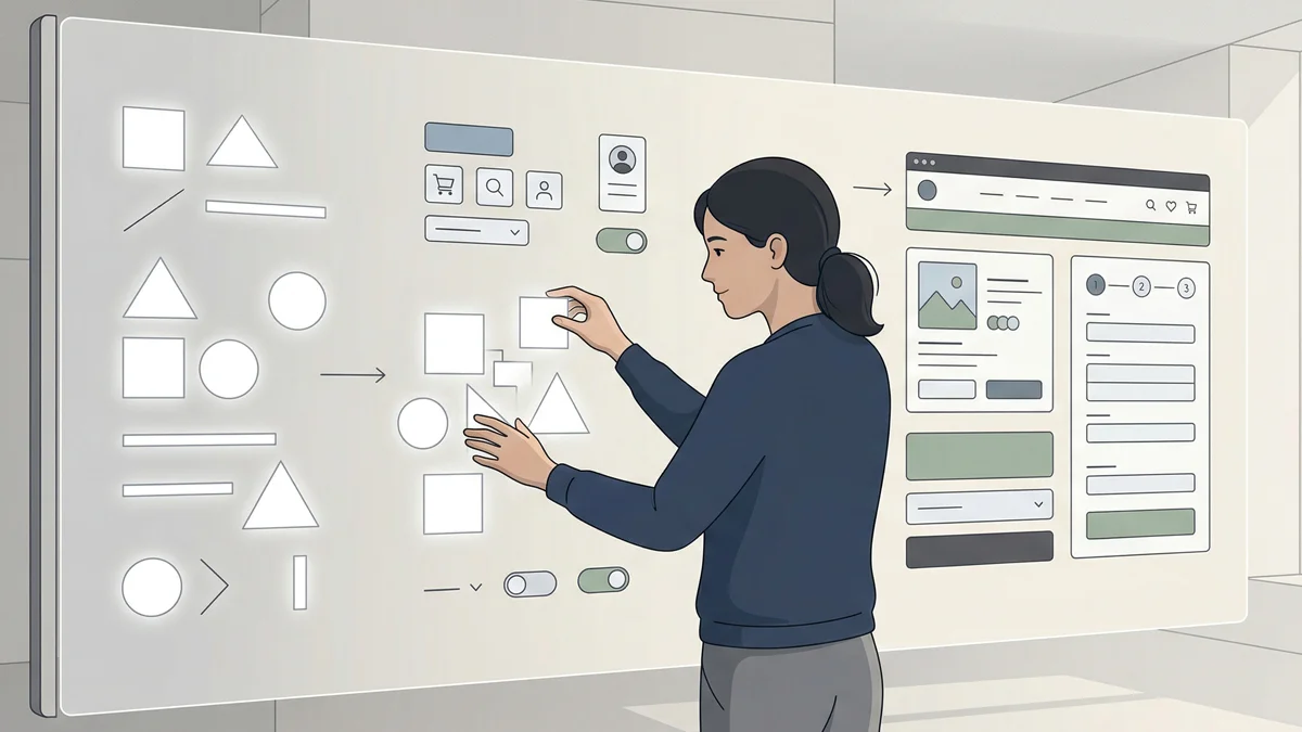Ilustração minimalista mostrando a transição de elementos geométricos simples para componentes de interface complexos.