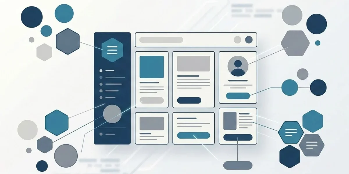 Ilustração minimalista mostrando a progressão dos elementos do Atomic Design, de formas básicas a interfaces complexas.