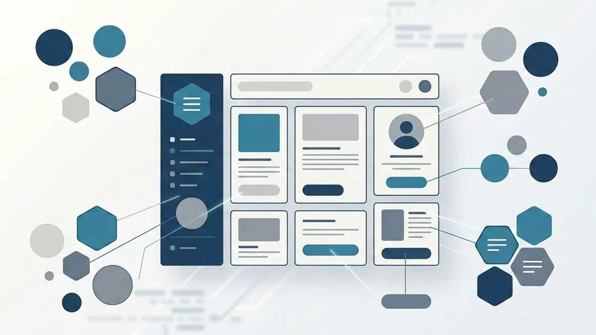 Ilustração minimalista mostrando a progressão dos elementos do Atomic Design, de formas básicas a interfaces complexas.
