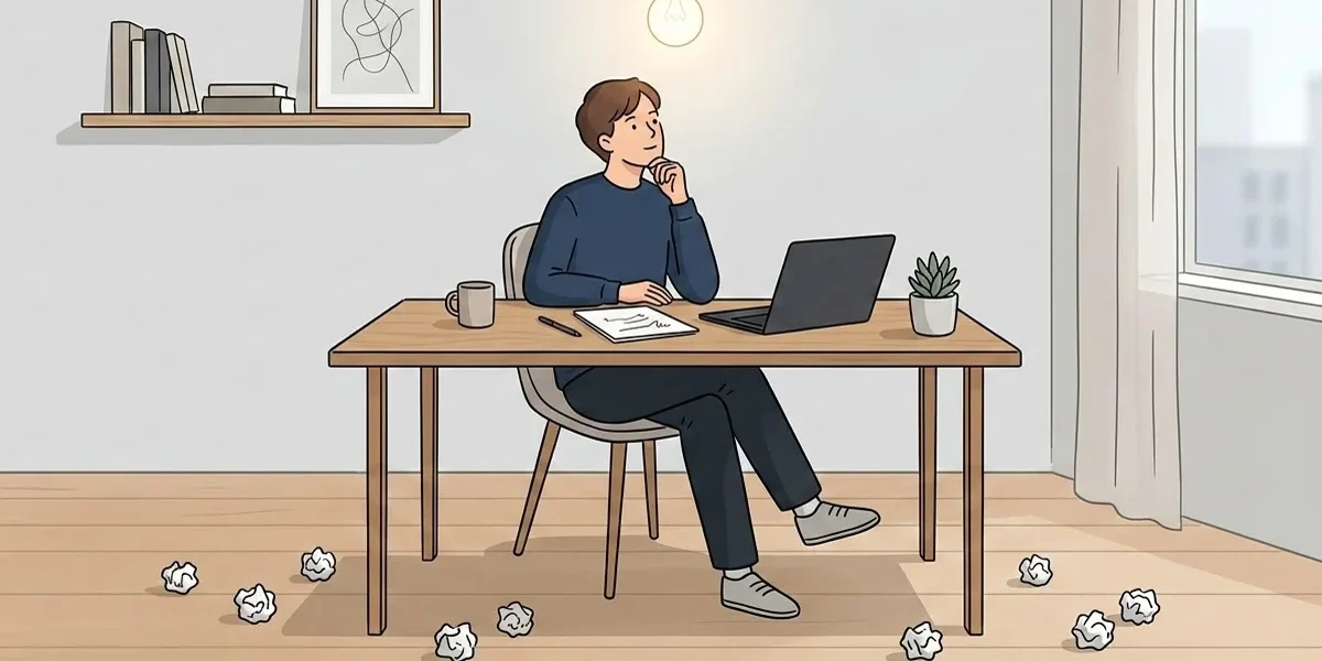 Ilustração minimalista de um profissional de design em seu processo criativo, simbolizando o descarte de ideias iniciais.