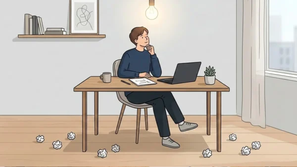 Ilustração minimalista de um profissional de design em seu processo criativo, simbolizando o descarte de ideias iniciais.