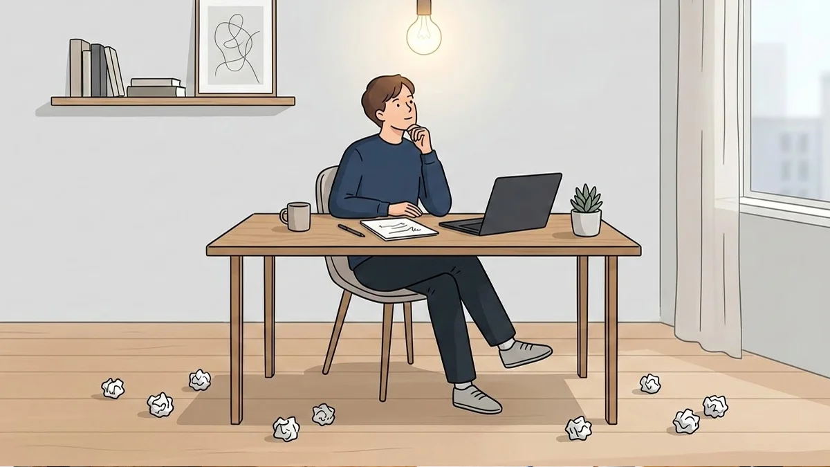 Ilustração minimalista de um profissional de design em seu processo criativo, simbolizando o descarte de ideias iniciais.