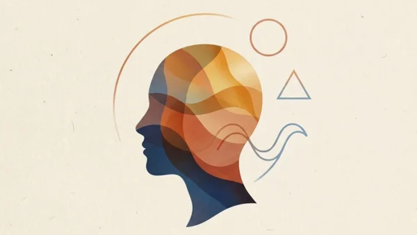 Ilustração minimalista de um perfil humano com camadas de cores e formas abstratas simbolizando a psicologia do design.