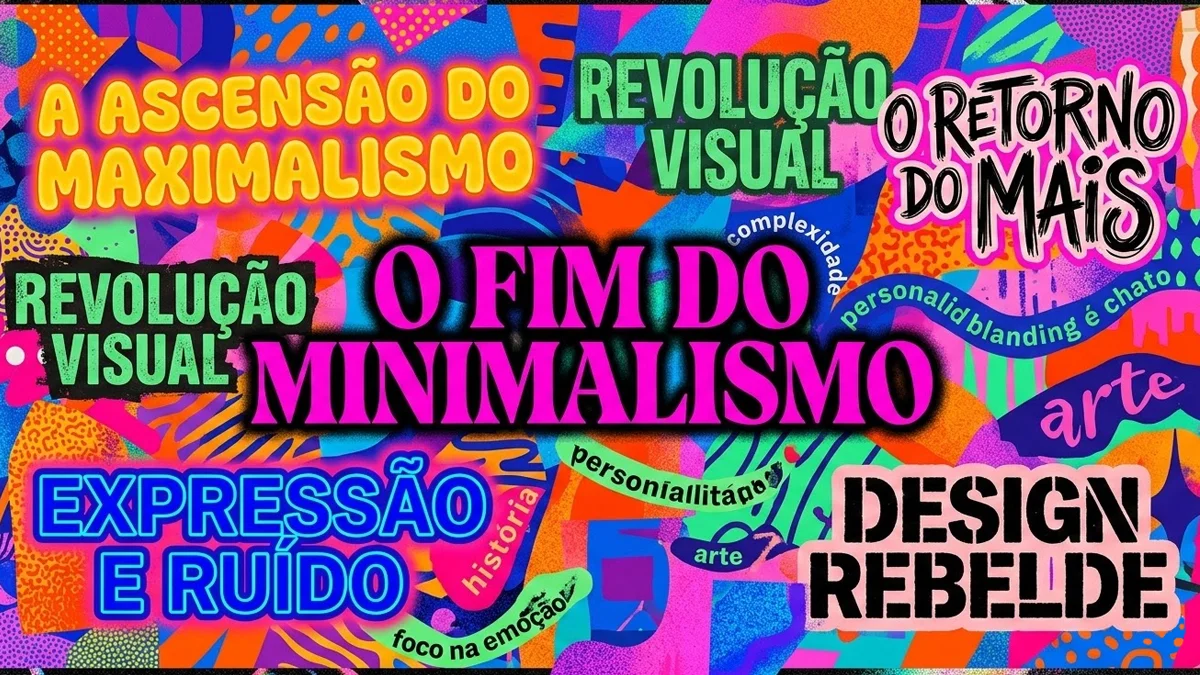 Composição visual de design gráfico com tipografia expressiva e cores vibrantes, ilustrando a tendência do maximalismo.