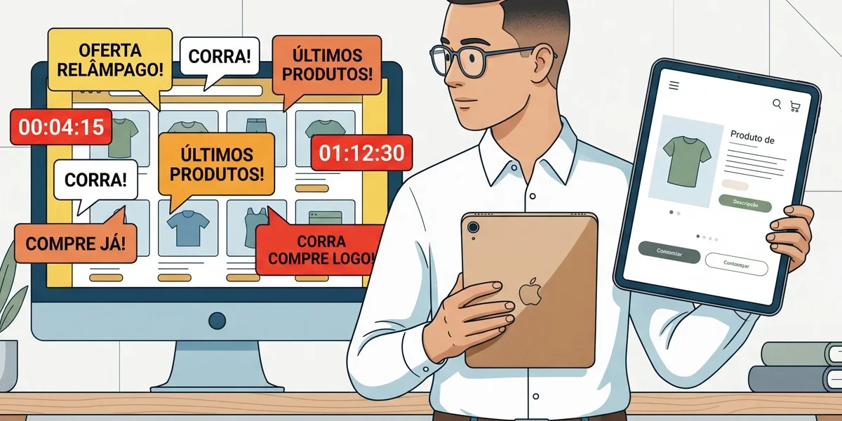 Pessoa comparando monitor com layout poluído e pop-ups de urgência contra tablet com design minimalista e tipografia harmônica.