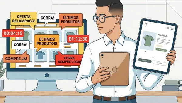 Pessoa comparando monitor com layout poluído e pop-ups de urgência contra tablet com design minimalista e tipografia harmônica.