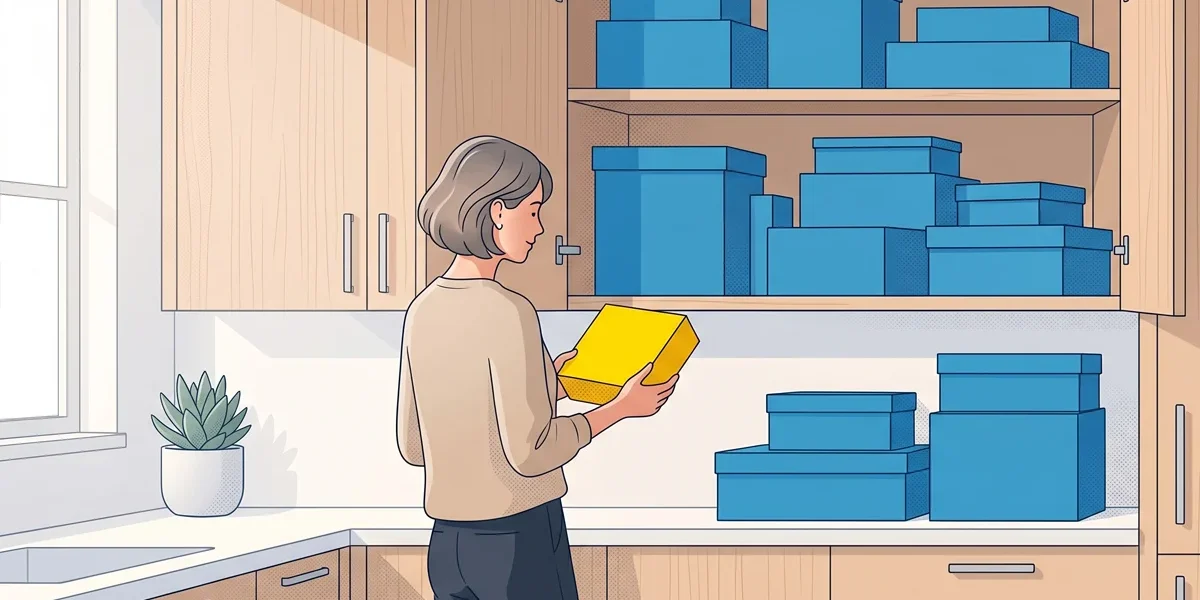 Uma ilustração minimalista moderna de uma mulher segurando uma caixa amarela em frente a um armário de cozinha cheio de caixas azuis de vários tamanhos.
