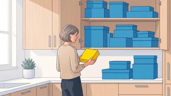 Uma ilustração minimalista moderna de uma mulher segurando uma caixa amarela em frente a um armário de cozinha cheio de caixas azuis de vários tamanhos.