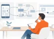 Ilustração de especialista em design analisando tendências de animação em telas digitais de forma reflexiva e analítica.